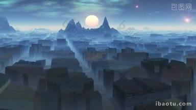 群山之间有一座笼罩在蓝色薄雾中的城市